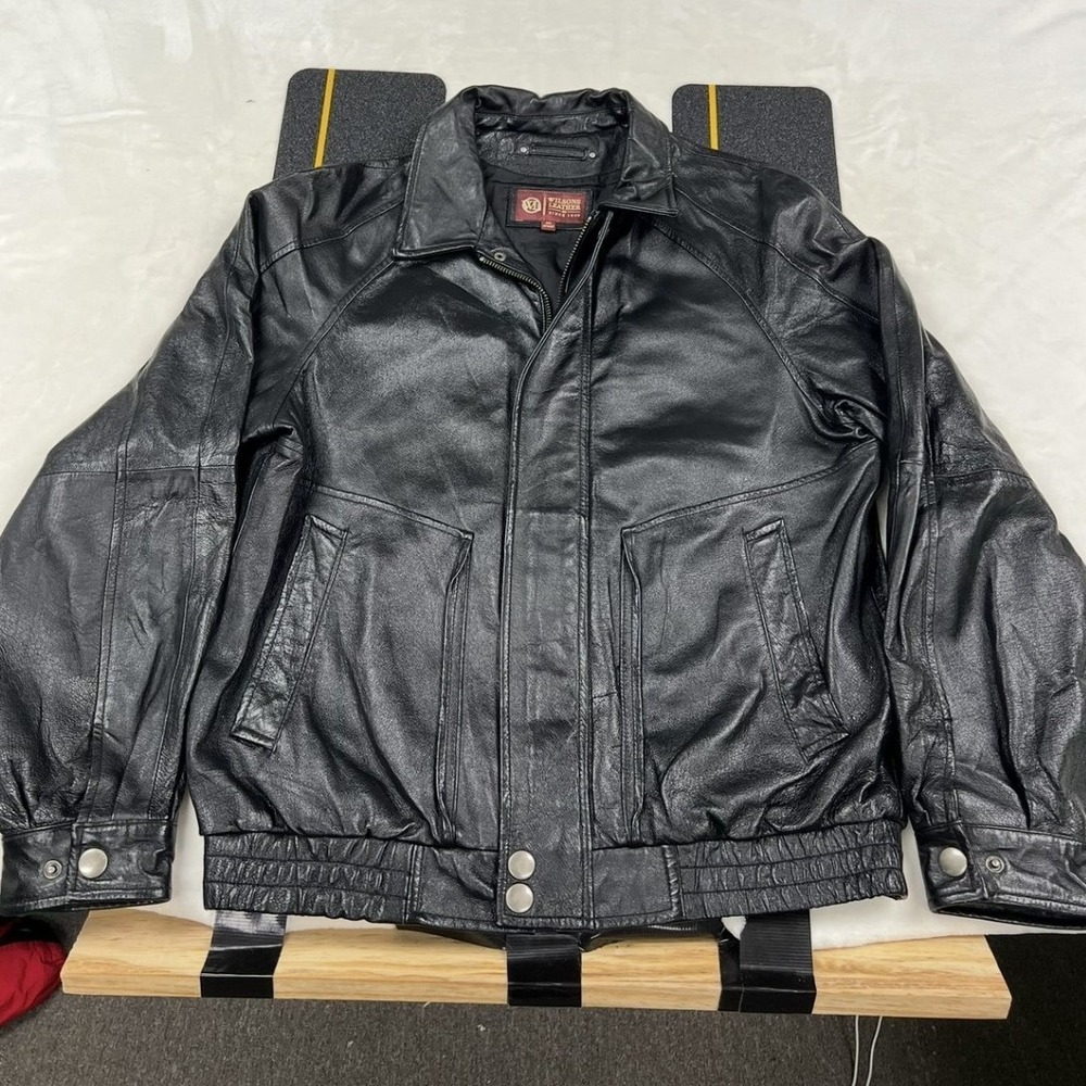 Wilsons Leather Bomber Jacket Mens M Black Genuine Leather Full Zip Raglan F1